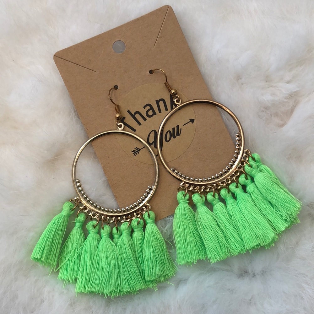 Green Gold Tone Boho Fringe Tassel Earrings